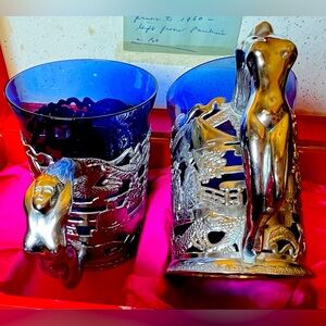 Japanese Dragons Tankard Blue Cobalt Glass Chrome Nude Women Stein Mugs set of 2